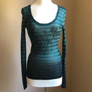 SOLD Miss Me Ombré Long Sleeve Shirt Lightweight Stripe Sheer Rhinestone